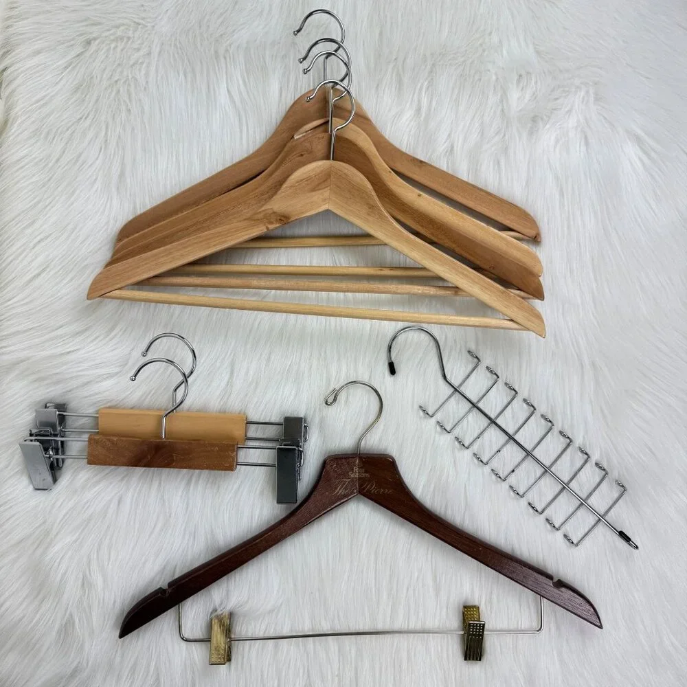Lot of 4 Wooden Coat Suit Jacket Hangers 3 Pant Hangers 1 Tie Hanger Used